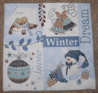 Servietten -  Schneeman, Vögel, Glocken in blau (ca. 33cm Papierserviette)